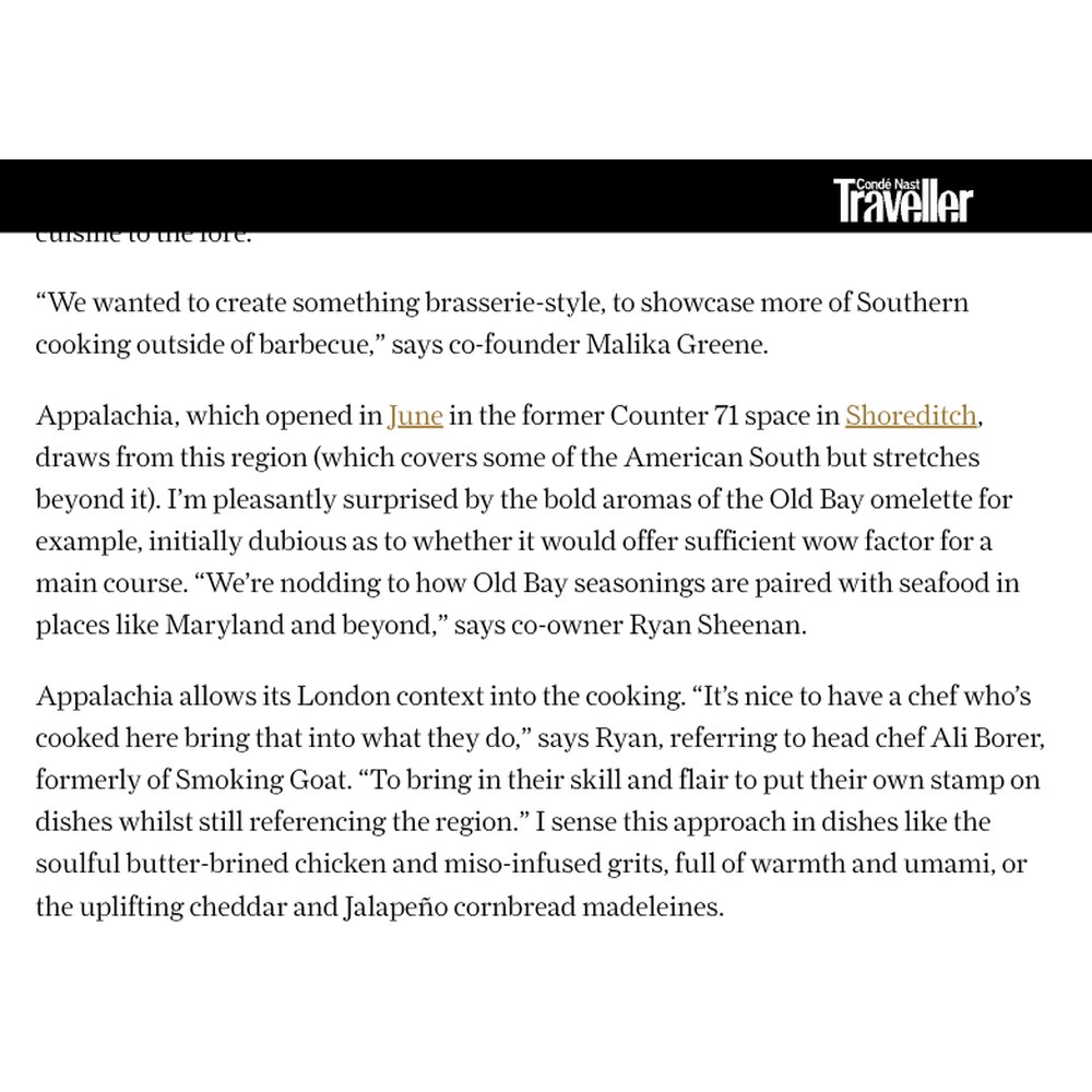 Condé Nast Traveller feature on Southern food in London