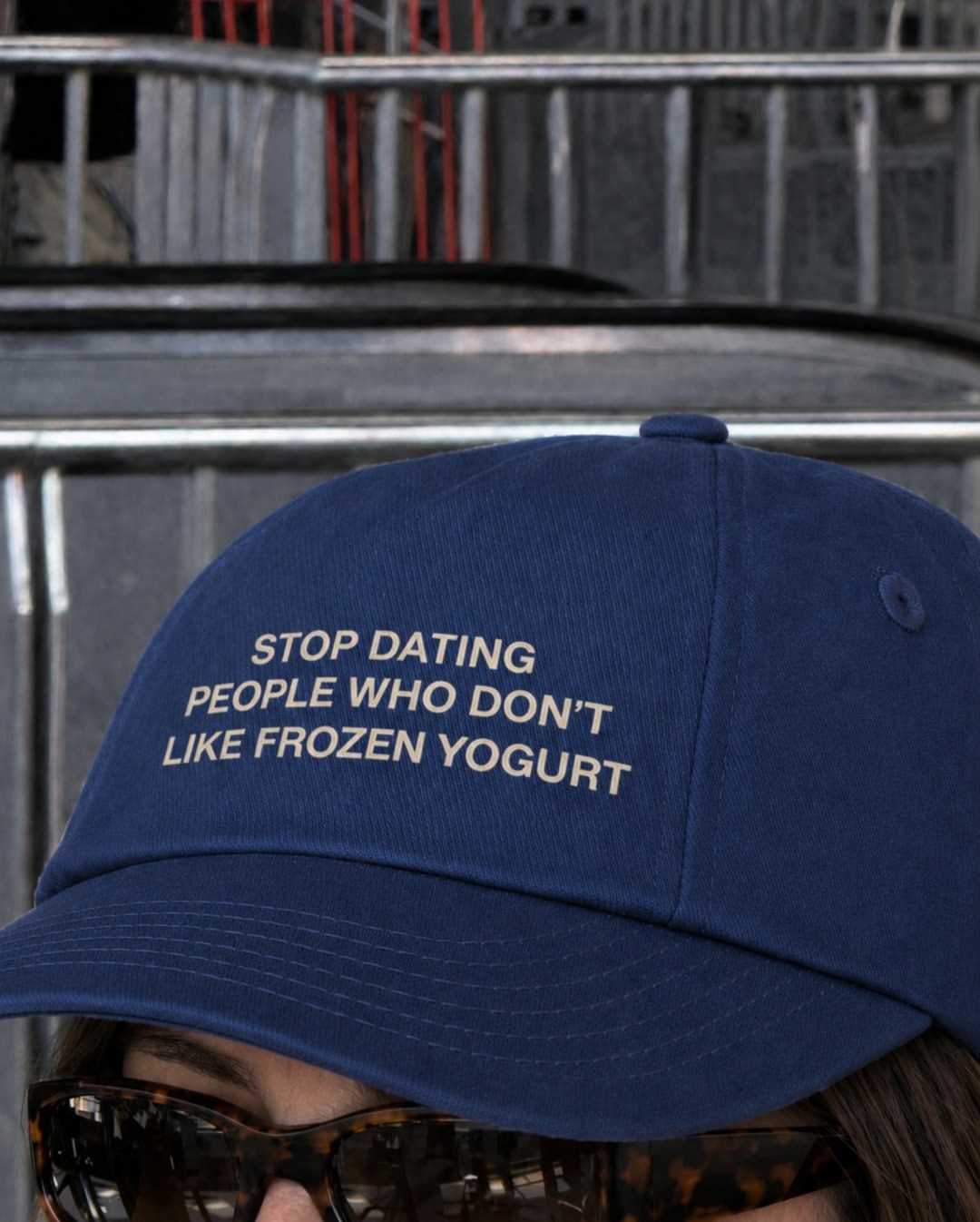 Go Greek Yogurt navy cap reading Stop dating people who don’t like frozen yogurt