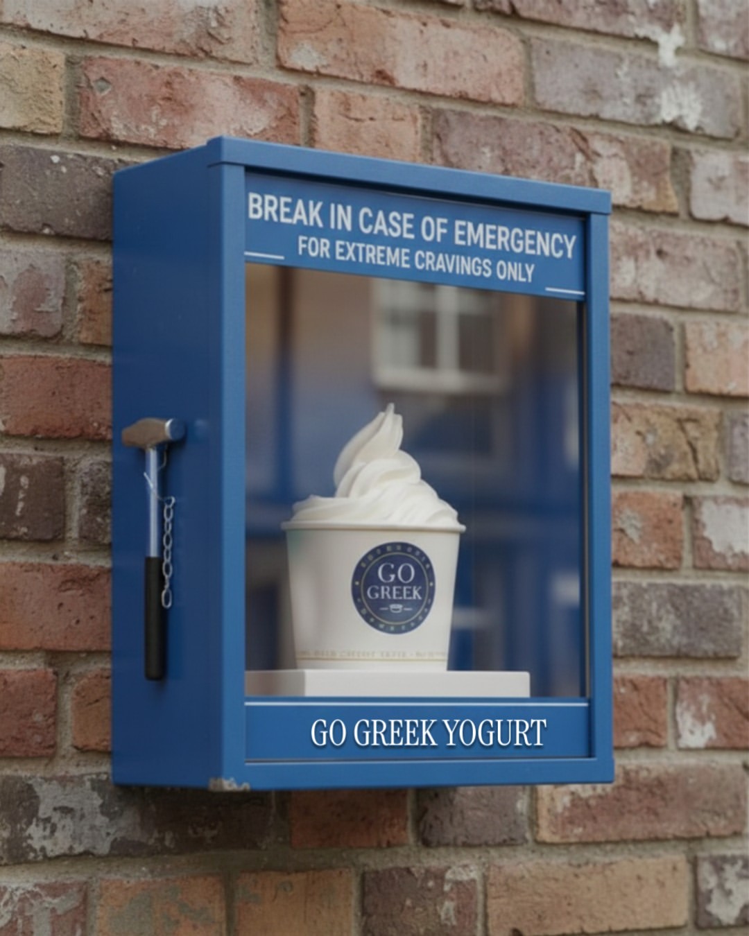 Go Greek Yogurt break in case of emergency box with a frozen yogurt cup, for extreme cravings only